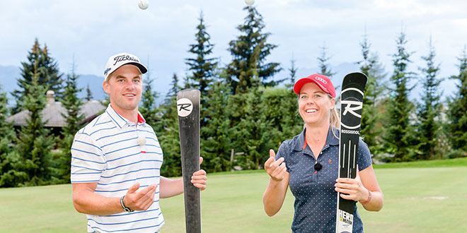 Schweizer Profigolfer Mathias Eggenberger mit Amateurgolferin Fränzi Aufdenblatten im Golfclub Vebrier. Fotocredit: Nadine Rupp