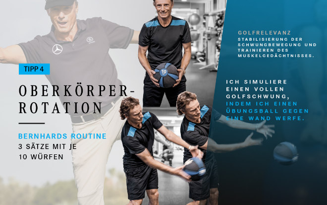 Golfprofi und Mercedes-Benz Markenbotschafter Bernhard Langer simuliert mit dieser Übung einen kompletten Golfschwung. 