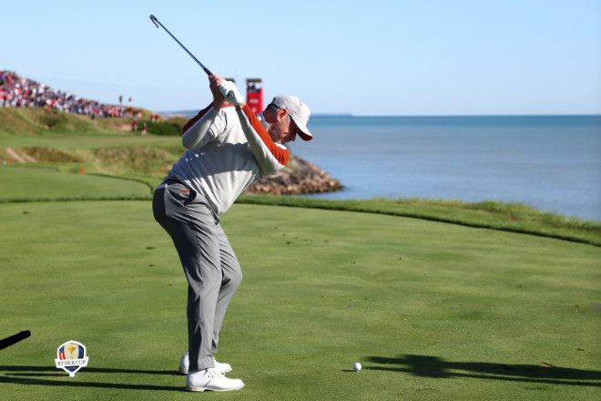 Lee Westwood Abschlag an Tee 7 von Whistling Straits in Kohler, Wisconsin. Photo by Warren Little/Getty Images