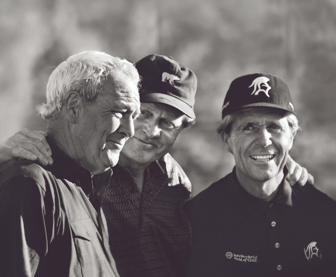 Big Three" - Arnold Palmer (1961, 1962), Jack Nicklaus (1966, 1970, 1978) und Gary Player (1959, 1968, 1974) - Jahreszahlen stehen für Siege bei The Open England