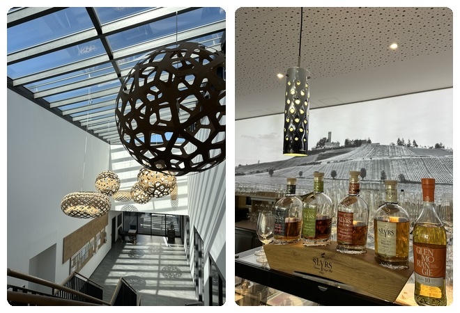 Clubhouse Heitlinger Genusswelten: Architektur & Ambience: Lichtspiele links, Destillatkultur aus Bayern rechts.