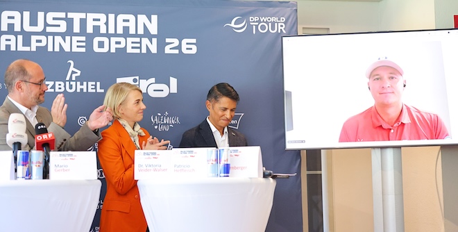 Pressekonferenz der Austrian Alpine Open 2026 in Kitzbühel: Tirols Wirtschaftslandesrat Mario Gerber, Viktoria Veider-Walser (GF Kitzbühel Tourismus) und Patricio Hetfleisch (Tirol Werbung) präsentieren das Golf-Highlight gemeinsam mit Sepp Straka, der per Videoschaltung zugeschaltet war.📍 GC Kitzbühel-Schwarzsee-Reith | 📸 GEPA pictures / Thomas Bachun