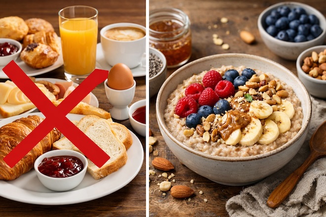 Ein klassisches Continental Breakfast liefert schnelle Energie – doch der anschließende Blutzuckerabfall kann auf den Back Nine spürbar werden.