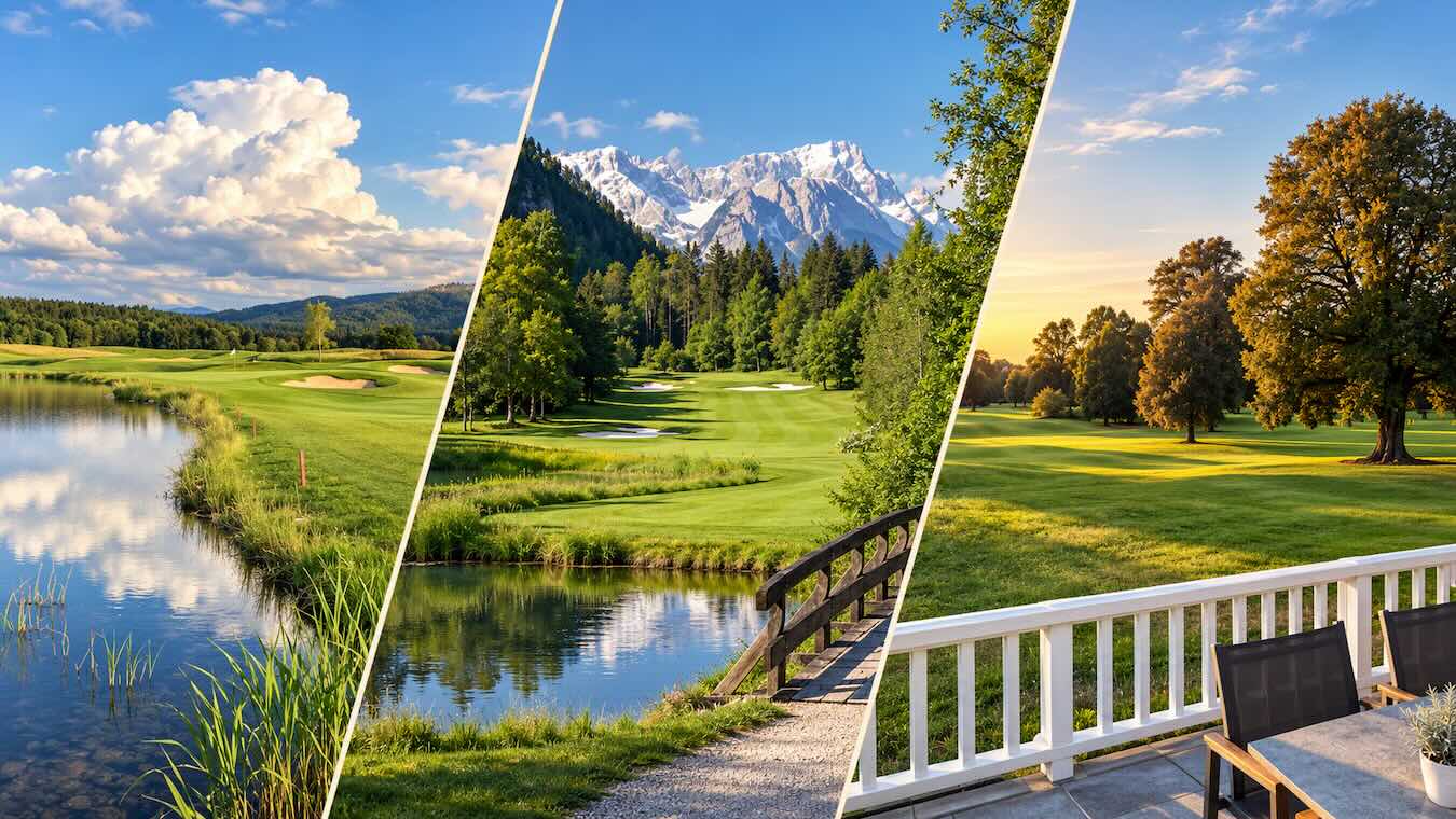 Bildcollage mit Golf Valley, Golfclub Garmisch-Partenkirchen und Wittelsbacher Golfclub, von links nach rechts
